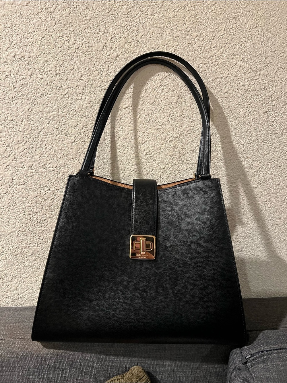 Black Structured Tote Bag with Gold Hardware
